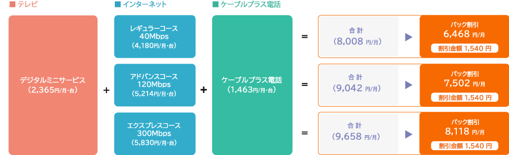 分譲集合住宅 以外　戸建て・団地パック（デジタルミニサービス＋インターネット各種＋ケーブルプラス電話）3年契約