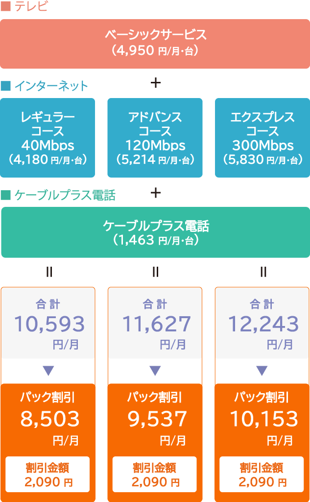 分譲集合住宅 以外　戸建て・団地パック（ベーシックサービス＋インターネット各種＋ケーブルプラス電話）3年契約